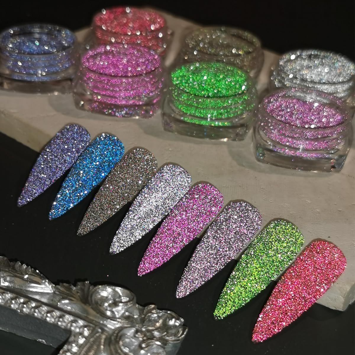 Reflective Glitter Powder Set, 16 Colors Sparkle Diamond Nail Glitter Dust, Silvery Pink Purple Green Loose Glitter for Nails, Shiny Sugar Nail Powder Dipping Pigment, Nail Supplies, Loose Glitter Powder